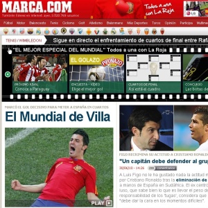 Reprodução da capa do jornal Marca, exaltando o
 atacante David Villa, artilheiro da Copa com 4 gols