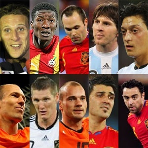 <strong>OS CANDIDATOS</STRONG> Forln, Gyan, Iniesta, Messi, Ozil, Robben, Schweinsteiger, Sneijder, Villa e Xavi