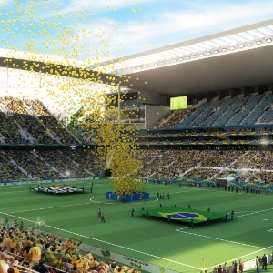 Projeção de como ficará o novo estádio do Corinthians, em Itaquera, sede da abertura da Copa